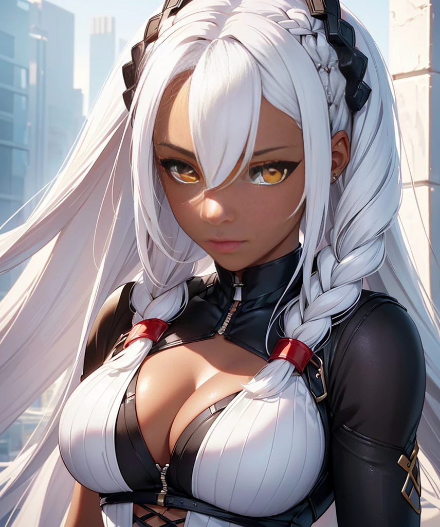 a close up of a woman with long white hair and braids, :: rossdraws, ”beautiful anime woman, artgerm and rossdraws, tifa lockhart with white hair, style artgerm, artgerm. high detail, her hair is white, ross tran!!!, white braids, extremely detailed artgerm, ross tran style, a dark-skinned woman with Heterochromia in the eyes, best quality, ultra-detailed red and yellow eyes, very detailed eyes, ((yellow left eye and red right eye))