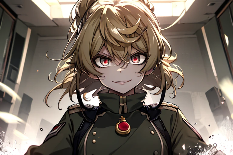 (masterpiece, best quality: 1.1), 1girl solo, tanya, 1girl, solo, , flat chest, small breasts, curvy, military, military uniform, ,, evil smile, wicked expression, anger, red eyes, neutral lighting