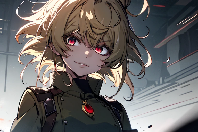 (masterpiece, best quality: 1.1), 1girl solo, tanya, 1girl, solo, , flat chest, small breasts, curvy, military, military uniform, ,, evil smile, wicked expression, anger, red eyes, neutral lighting