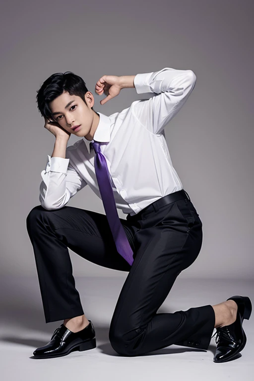 solo , 1man , thai man Short hair , white shirt with collar , purple necktie , black Long pants , Full body photo , hand on head