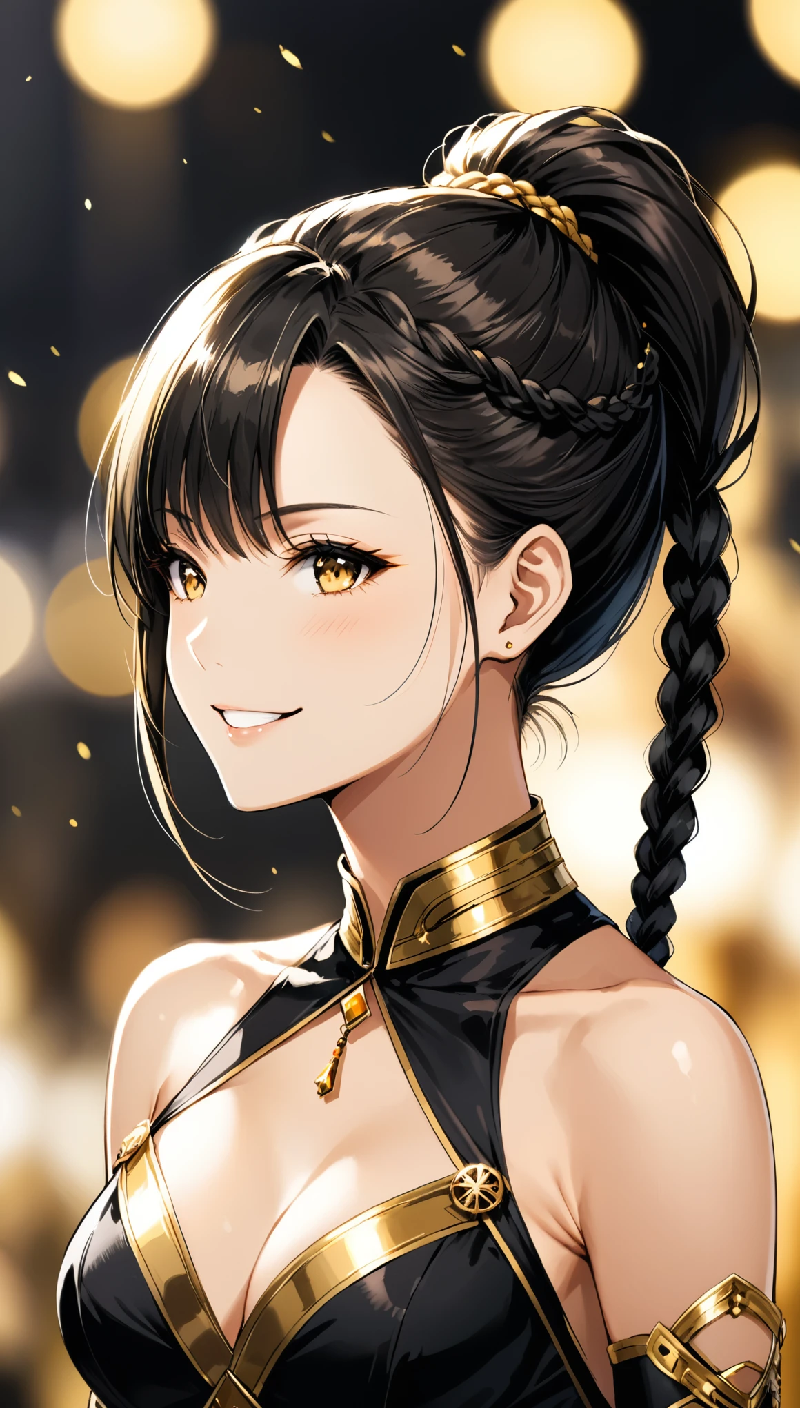 in style of Buichi Terasawa
character concept design,1girl,half body,high ponytail braid,(foreground blur, depth of field, background blur, dynamic blur:1.4),arrogant posture,crazy_smile,extreme kotona elegance,extremely gorgeous,black-gold costume