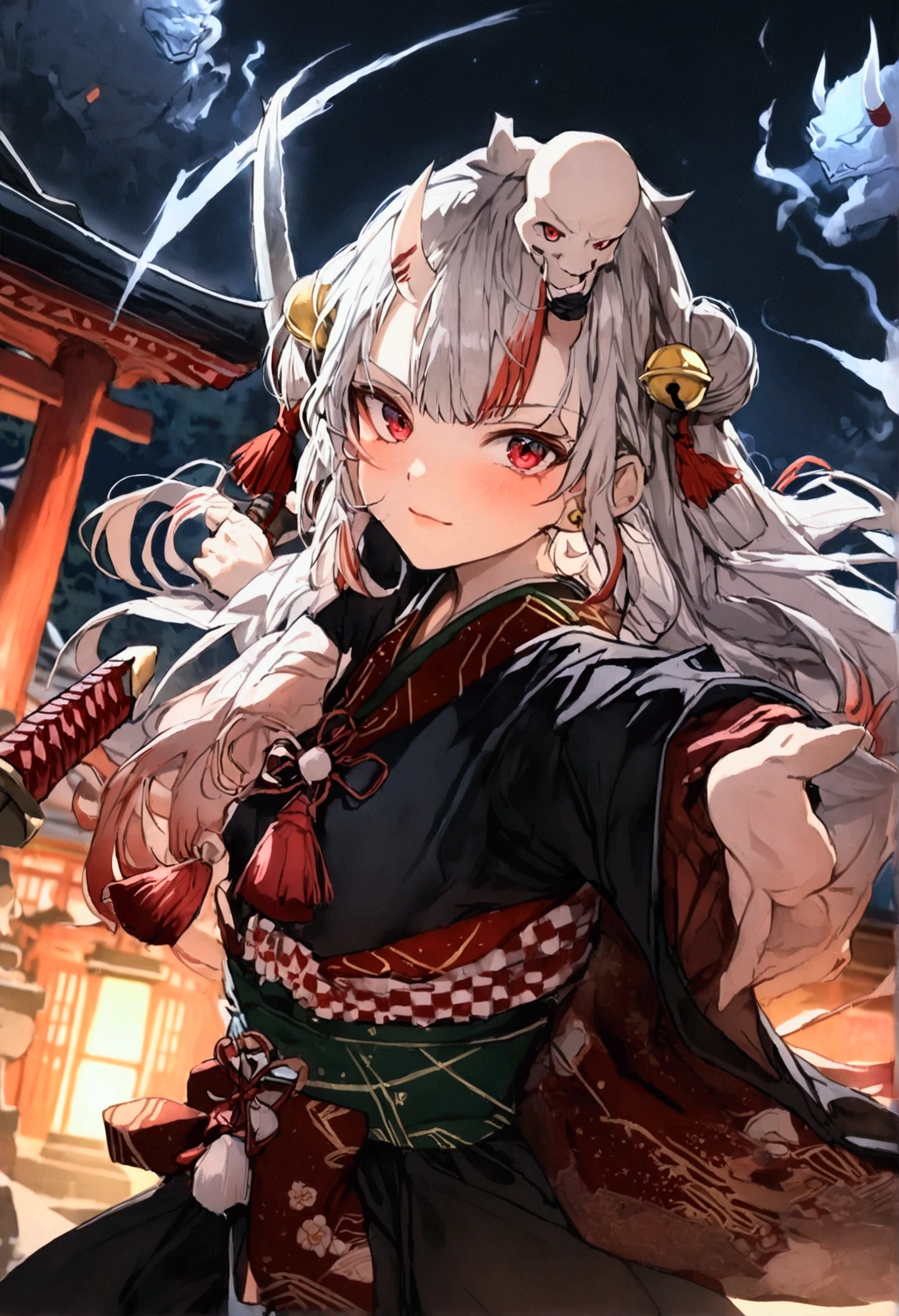 (masterpiece, Highest quality, High resolution,anime), ((Nakiri Ayame, Hololive, Gray Hair, horn, beautiful girl, Wearing a bell on his head)), Blue light coming from the body, Black kimono,((Holding a sword,Two-Way,Holding a Japanese sword)),(Dynamic pose,Sexy pose,Blue thunder),Shrine at night,The moon is out,Flashy light effects