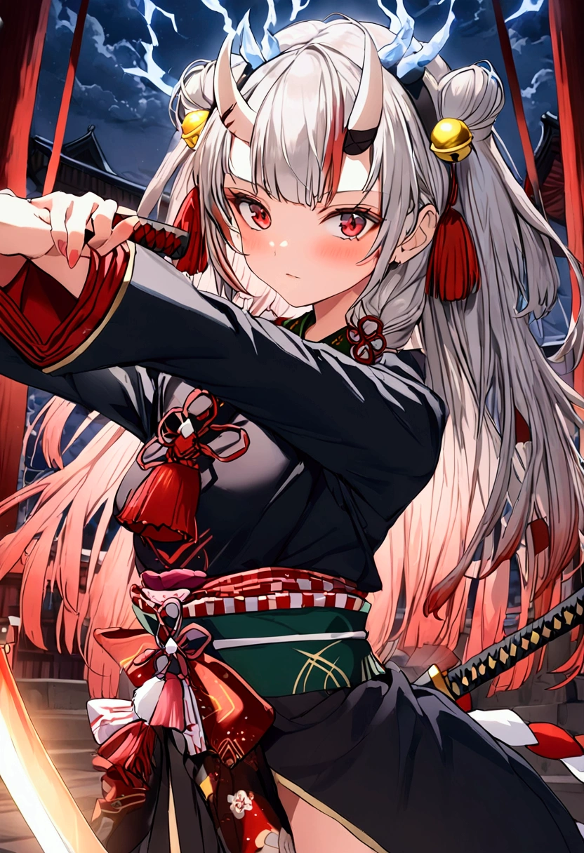 (masterpiece, Highest quality, High resolution,anime), ((Nakiri Ayame, Hololive, Gray Hair, horn, beautiful girl, Wearing a bell on his head)), Blue light coming from the body, Black kimono,((Holding a sword,Two-Way,Holding a Japanese sword)),(Dynamic pose,Sexy pose,Blue thunder),Shrine at night,The moon is out,Flashy light effects