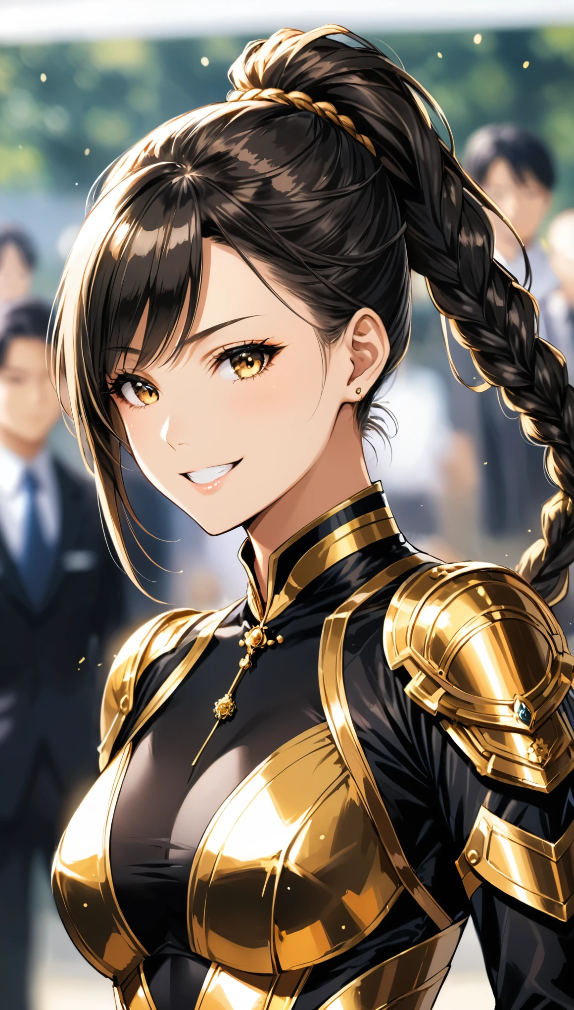 in style of Buichi Terasawa
character concept design,1girl,half body,high ponytail braid,(foreground blur, depth of field, background blur, dynamic blur:1.4),arrogant posture,crazy_smile,extreme kotona elegance,extremely gorgeous,black-gold costume