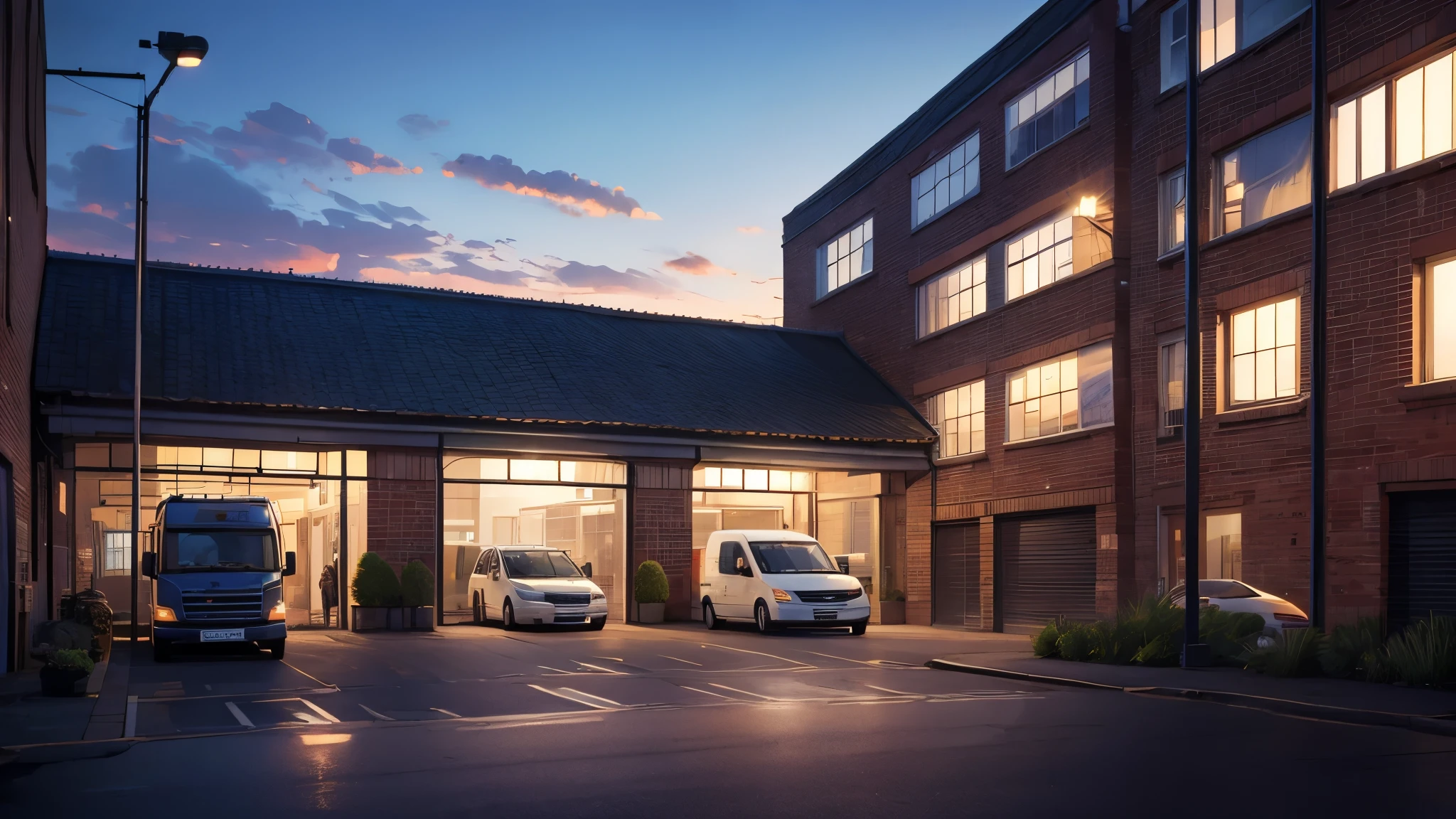 outside a warehouse in the uk with transport vehicles. The setting has a sunny and a bright atmosphere, with soft lighting casting a gentle glow on the surroundings. anime style