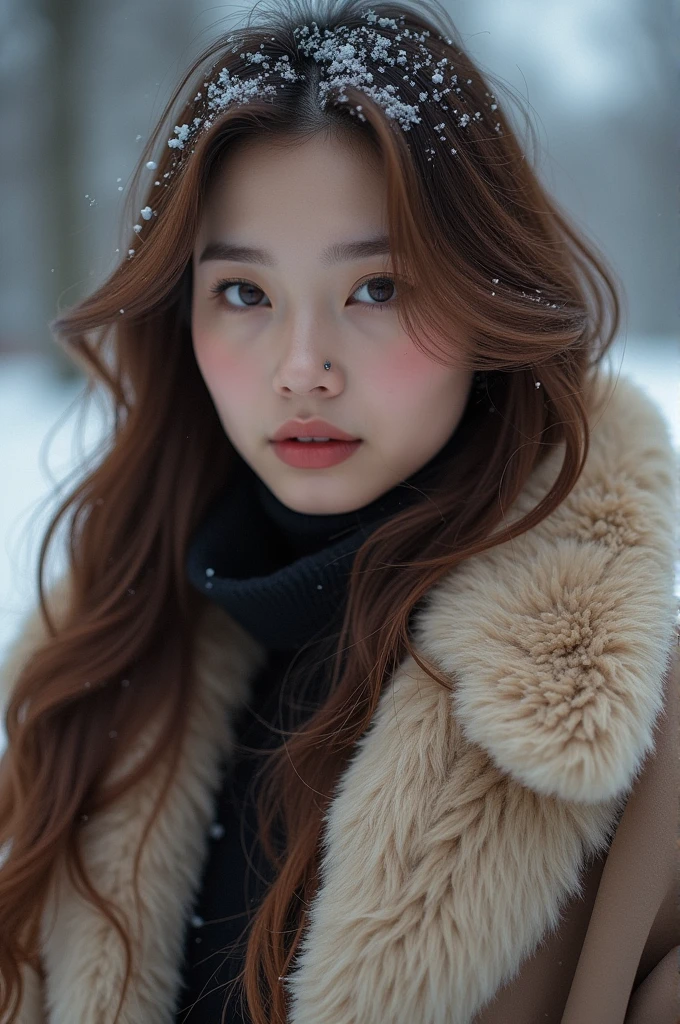 (Tabletop、Highest quality、8k、Award-winning works、Ultra-high resolution)、One beautiful Japan woman、(An elegant thick fur coat made with plenty of fur:1.2)、Brown Hair、blonde、Big cleavage、very long wavy hair、Spectacular Cinema Lighting、(Romantic affection:1.1)、(The most romantic and moody atmosphere:1.1)、winter、Snow Scene、it's snowing、(Walking in the snow in Norway:1.2)、look at me、(A big bust that seems to burst:1.1)、(Accentuate your body lines:1.1)、Very long hair、Blurred Background、Accurate ???????、Ultra HD Hair、Ultra-high resolutionの完璧な美しい歯、Ultra-high definition beauty face、Ultra HD Hair、Ultra-high definition sparkling eyes、輝くUltra-high resolutionの美肌、Ultra-high resolutionの艶やかな唇、(Face close-up:1.3)