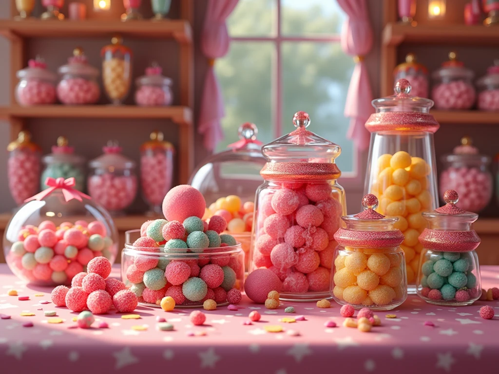 chic candy bar, wine gums, fruit gums, colorful, in candy jars, beautifully decorated, candy shop