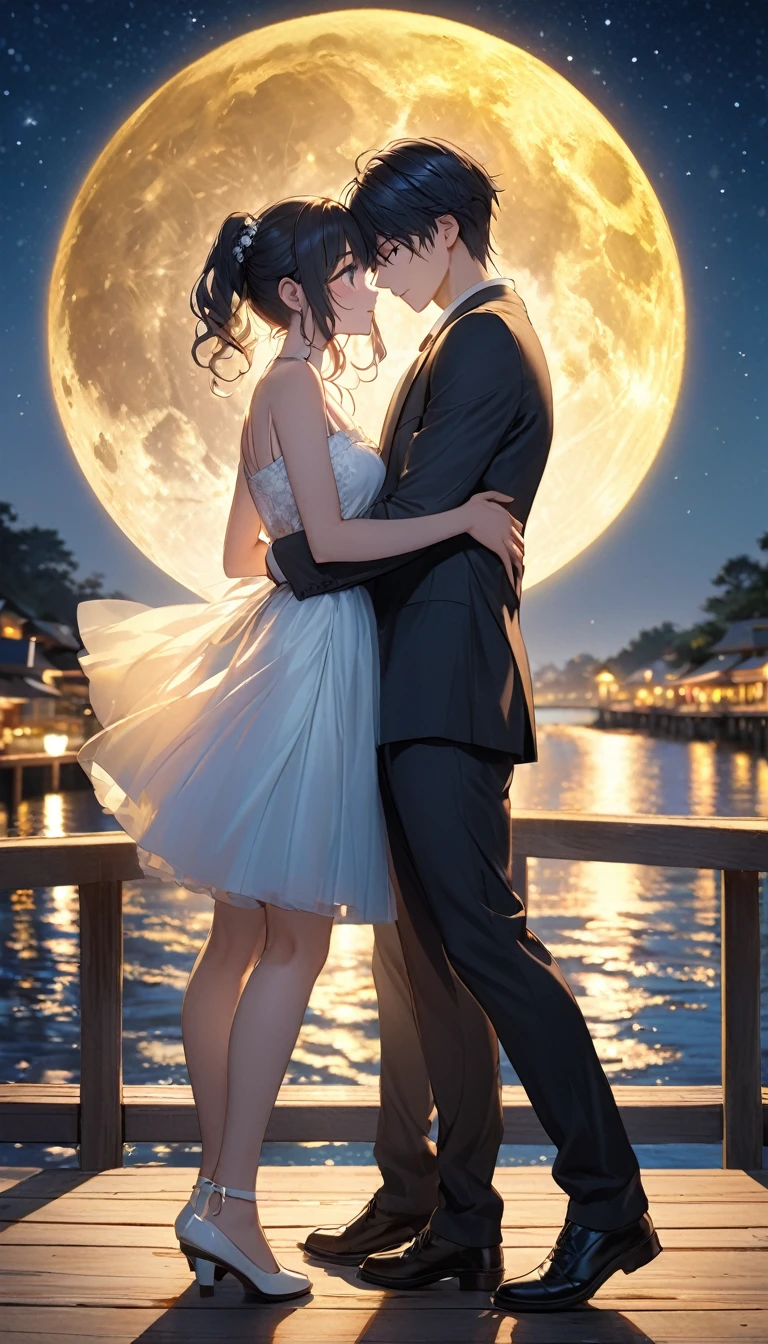 Clear blue night sky and bright yellow moon,A boy and a girl stood on the boardwalk by the river and confessed to each other under the moon.,surrounded by stars,perfect composition.best quality、High resolution、beautiful face and eyes、sharpest focus、Hyper-realistic photos、Super accurate photos、Depth of Field、perfect anatomy,and texture details、Bright and fresh filter light and shadow、Scenery background、dream