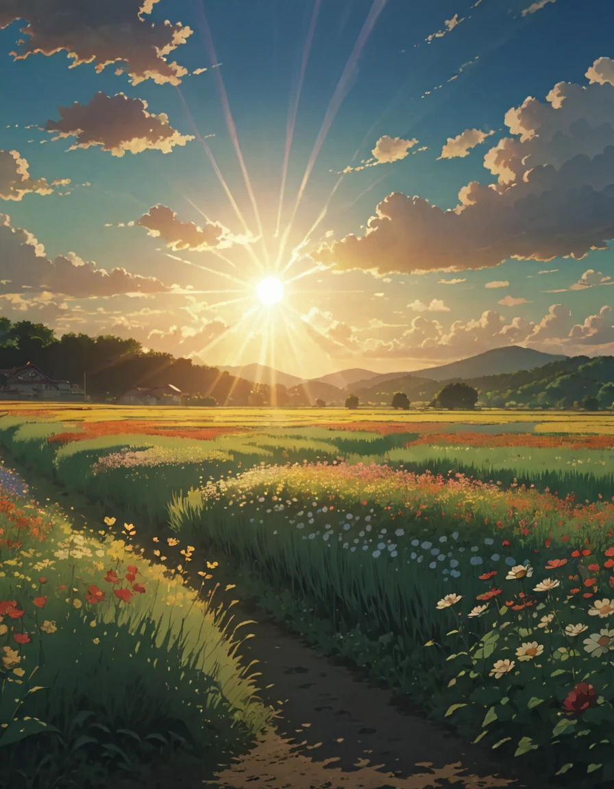 Masterpiece 8k Studio ghibli a field with flowers clouds shadow, 8khdr serene sun rays illumination!!!!