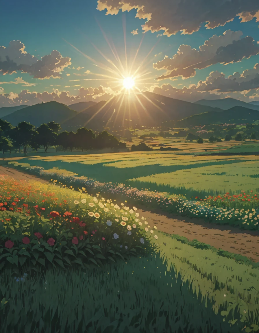 Masterpiece 8k Studio ghibli a field with flowers clouds shadow, 8khdr serene sun rays illumination!!!!