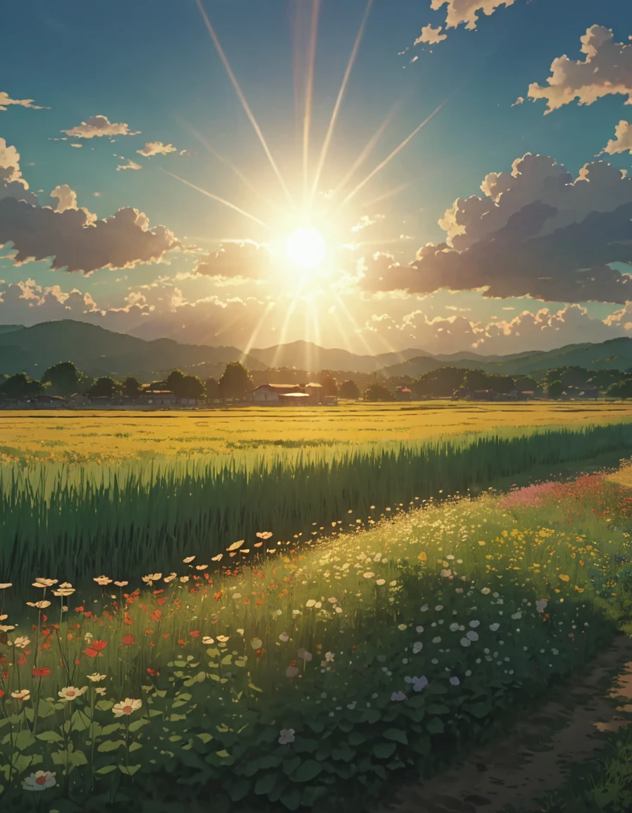 Masterpiece 8k Studio ghibli a field with flowers clouds shadow, 8khdr serene sun rays illumination!!!!