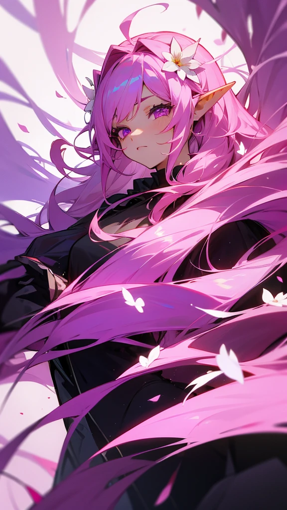 Pink Hair,Clear,One girl, Long Hair, Pointy Ears, Flowers on head,Pink purple eyes,