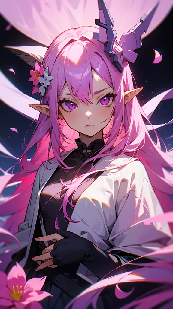 Pink Hair,Clear,One girl, Long Hair, Pointy Ears, Flowers on head,Pink purple eyes,