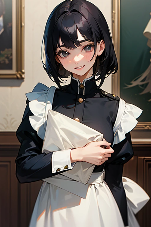 (Highest Resolution, clear_image) highest quality, Single person, One Woman, alone, masterpiece, Very detailed, Semi-realistic, Black Hairのショートヘア, Black Hair, bangs, 18-year-old, mature, light blue uniform, uniform, Indoor Background, kind, Authoritative, powerful, exquisite features, exquisite features、Eyelashes become longer、Showing teeth、smile😀、Maid clothes、Touching hair、Shoulder Bare、