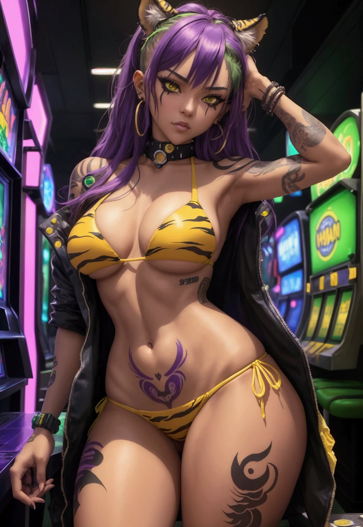 give me a tiger humanoid girl, anime style, she is beautiful, she is wearing a Brazilian bikini, a green and yellow bikini, she's gambling in a casino, she has tattoos, a lot of slot machines on background. Add some purple shadows to it. Make it look like cyberpunk