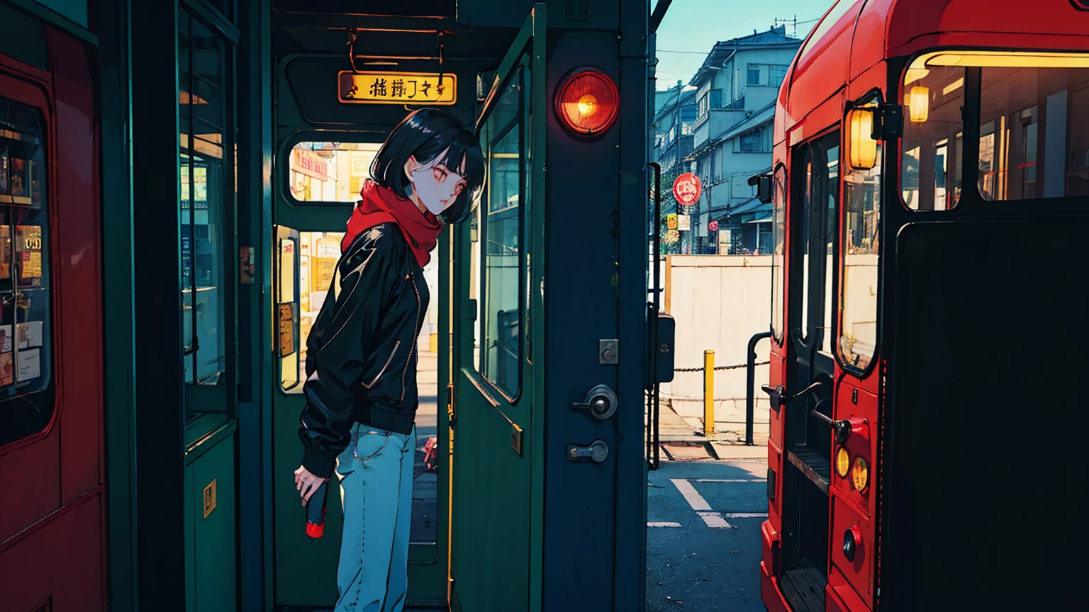 scooter, Stunningly beautiful dark-haired Asian girl, Denim pants、Black jacket、scarf、A red bus passing nearby, Perfect Face, Black jacket, Neon Black, (Backlit: 1.1), Three-dimensional shadows, masterpiece, Highest quality, complicated, Model shooting style, Vintage, Film Grain, Incomplete details、Natural Body、profile、Photo taken from a distance