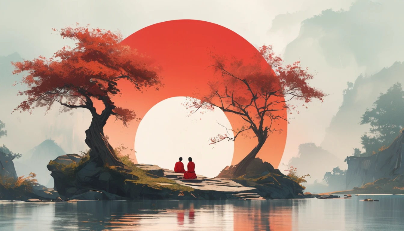Minimalist composition red sun with black man sitting on it mirror reflection of tree and water surface, surrealism, clean background, in the style of cinema4d rendering, high resolution photography, dream scene, minimalist sculpture art installation