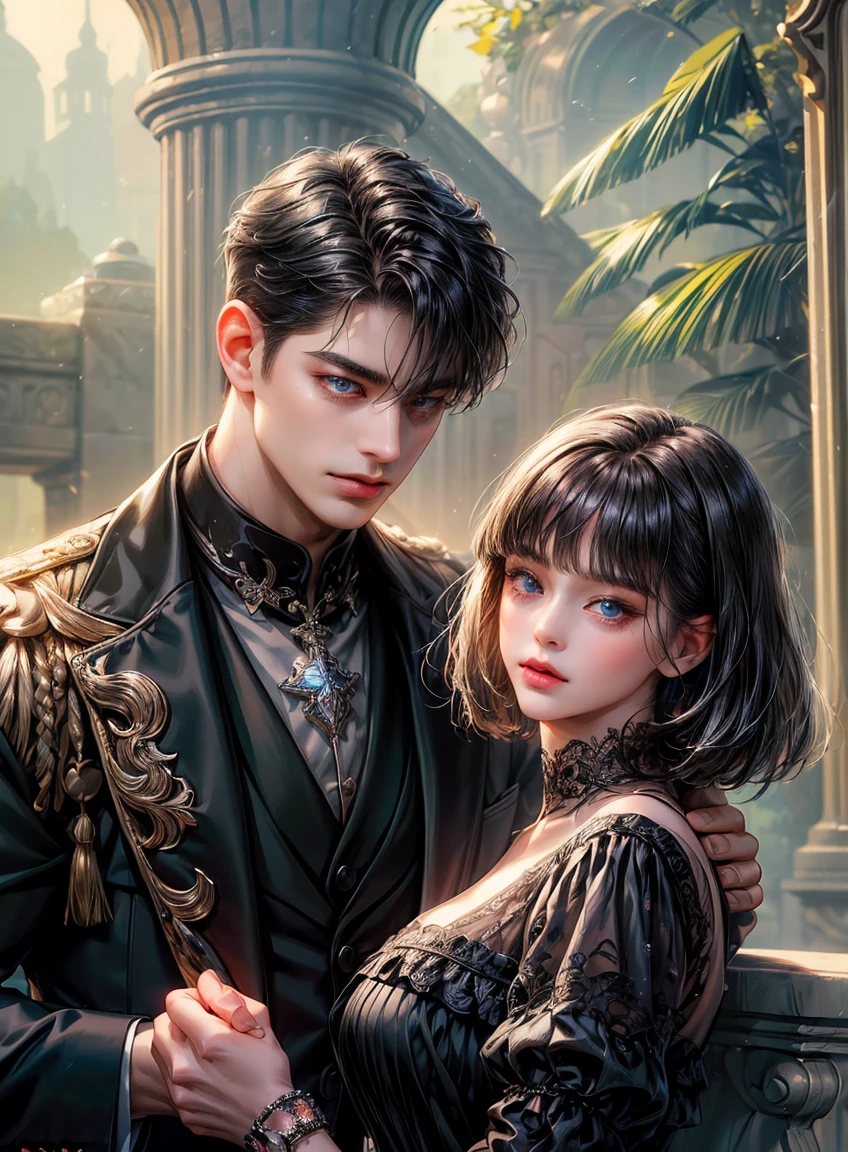 (absurdly , high quality , masterpiece , ultra detailed), ( detailed to hand ) (detailed to eyes) (detailed to face) , couples, 1 man (short black Quiff hair with Soft Fringe, bangs part on side 3:7 ratio) and 1 woman (short black hair with fringe) love ,pretty eyes (blue eyes) , black hair, fantasy, detailed background, soft light