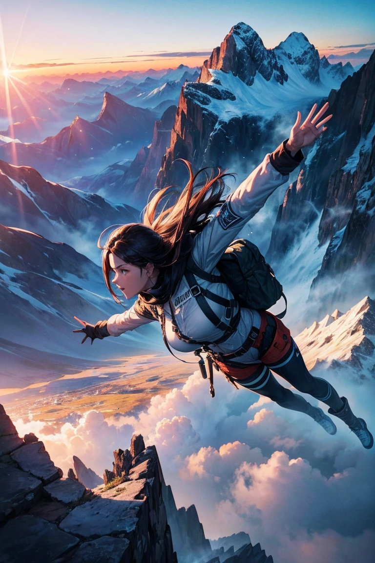 (Best quality,4K,8K,A high resolution,tmasterpiece:1.2),ultra - detailed,(Realist,フォトリアリスティック,フォトリアリスティック:1.37),Thrilling epic,Fall from extremely high altitude,heroic landing,Fall from a height,impressive landscapes,Full of action scenes,dangerous trick,adventure,No lanyard or parachute,Dramatic expression,Tough character,Great view,Amazing natural beauty,,Majestic mountain ranges,Unpredictable movements,Fascinating freefall,Amazing contrast between light and shadow,overwhelming image,Emotional intensity,final conquest,Anti-gravity maneuvering,Unforgettable experience,elastic landing,strong influence,brave journey,Extraordinary resilience,Anti-gravity feat,with unwavering determination,amazing courage,huge influence,victory of mankind,Amazing perspective,incredible power,vivd colour,intense emotions,high octane performance,bold adventure,incredible achievement,immersive landscapes,exciting sight,overwhelming moment