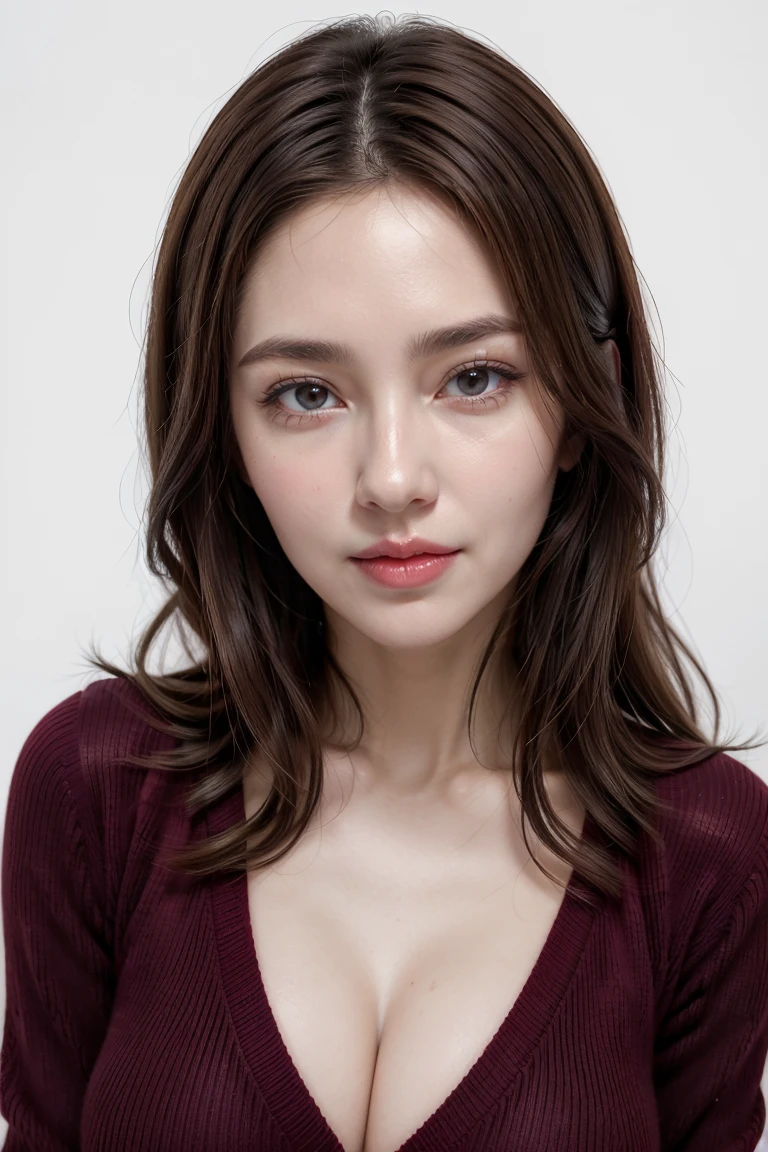 (highest quality、Tabletop、8k、Best image quality、Award-winning works)、One beautiful woman、Beautiful elegant long hair、(alone:1.1)、(The perfect burgundy V-neck long sleeve knit:1.4)、(The simplest white background:1.4)、とてもLarge Breasts、Accentuate your body lines、Beautiful and detailed、Look at me、(Perfect Makeup:1.1)、Bright lipstick、Ultra-high definition beauty face、Ultra HD Hair、Ultra-high definition sparkling eyes、Ultra High Resolution Perfect Teeth、Ultra-high quality glossy lips、Accurate anatomy、Very beautiful skin、Glowing skin in ultra-high resolution、Elegant upright posture when viewed from the front、(Very bright and vivid:1.2)、(Slender body:1.2)、(Cleavage:1.1)、(Large Breasts:1.1)、Shiny, vibrant lipstick、(Close-up of face:1.2)、50 year old beauty