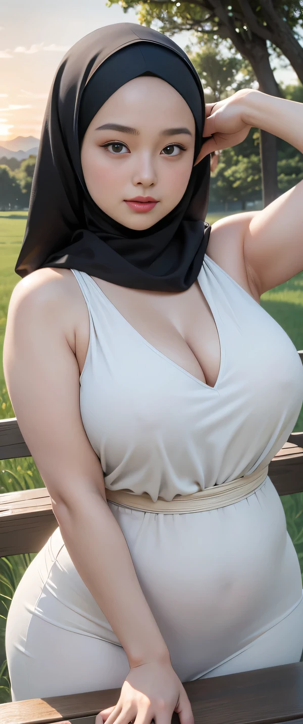 ( Close Up),RAW, Best quality, high resolution, works: 1.3), Beautiful Malay naked woman in hijab, Masterpiece, fit body, big breasts, beautiful big eyes, Soft smile, beautiful face, Naked women are having anal sex in a green meadow, traditional beauty, moment sunset, in the field, in the countryside, beautiful woman, with the sunset, wearing a soft long dress,muslim, on a wooden table, hijab, beautiful woman, with a beautiful appearance, a very beautiful masterpiece, a masterpiece of art, good lighting, Bright colors, Clean lines, chubby body, wide chubby hips, chubby arm, chubby massive thighs , massive cleavage , massive armpits , white armpits , armpit hair , extra cleavage 