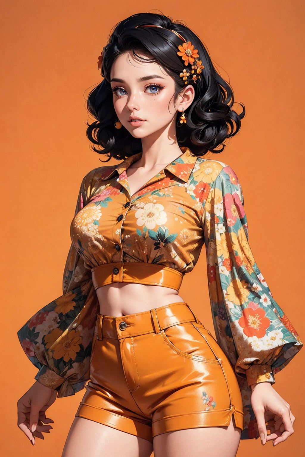 (((Masterpiece))), a top influencer woman, top quality, super detailed, cute and spunky, retro 60's style, fair skin, short curly black hair with flower clips, orange button up crop top transparent floral print sleeves, brown high waist button up shorts, retro  background
