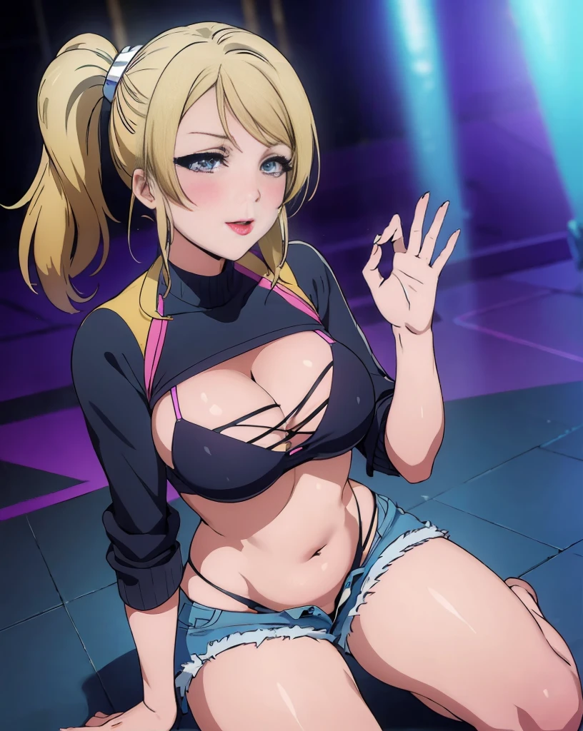 masterpiece, Highest quality, One Girl, alone, (Upper Body), Blunt bangs, Compensate, smile, Cleavage, Prostitute costume, blush, Silver Hair,Twin tails up to the waist,Brown skin,A fascinating purchase,Dark eyeshadow,Dark blush,Naughty fellatio gestures,pursuit of performance,Fat Lips, lipstick, Curved body, Black gal,bikini tops, Jacket, Jeans pants, Short shorts, tattoo, belly button, (nightclub), club, Shiny floor, colorful, Ray Tracing