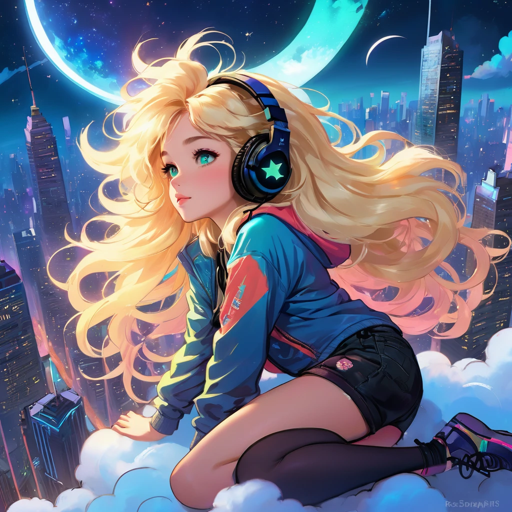 a beautiful 20 year old blonde woman with big messy hair laying down on a cloud in the sky floating over a cityscape at night, wearing headphones, twinkling stars and glowing moon, fantasy art style, rossdraws cartoon vibrant, cyberpunk, cute detailed digital art, colorfull digital fantasy art, digital fantasy art ), glossy digital painting, rossdraws pastel vibrant, rossdraws 2. 5, rossdraws 1. 0