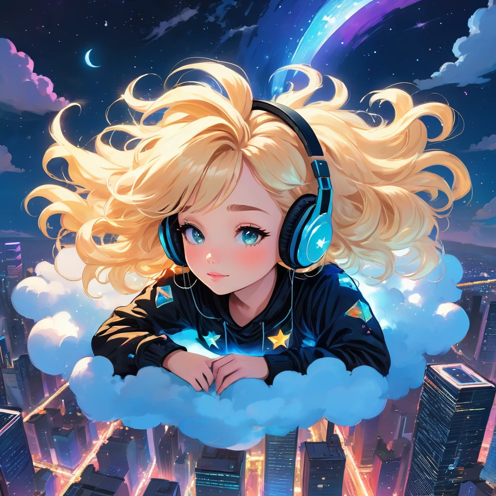 a beautiful 20 year old blonde woman with big messy hair laying down on a cloud in the sky floating over a cityscape at night, wearing headphones, twinkling stars and glowing moon, fantasy art style, rossdraws cartoon vibrant, cyberpunk, cute detailed digital art, colorfull digital fantasy art, digital fantasy art ), glossy digital painting, rossdraws pastel vibrant, rossdraws 2. 5, rossdraws 1. 0