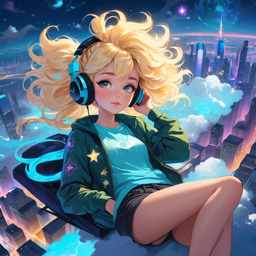 a beautiful 20 year old blonde woman with big messy hair laying down on a cloud in the sky floating over a cityscape at night, wearing headphones, twinkling stars and glowing moon, fantasy art style, rossdraws cartoon vibrant, cyberpunk, cute detailed digital art, colorfull digital fantasy art, digital fantasy art ), glossy digital painting, rossdraws pastel vibrant, rossdraws 2. 5, rossdraws 1. 0