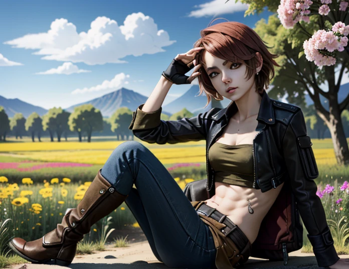 (Masterpiece, Best quality)
Lilith Borderlands,  1girl, Single, Red poetry, Yellow eyes, Sitting in a field of flowers