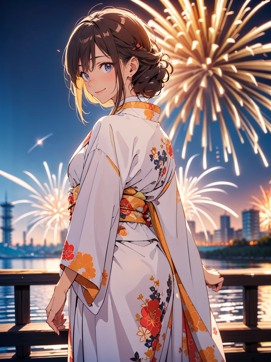 "(((Beautiful woman))), I, Masseter muscle area, Highest quality, Elegant anime style, Outdoor bathrobes, Spectacular Pyrotechnics, Starmine with lots of fireworks, Shots from a distance, Backward view, Night view, A shy smile, Bokeh effect and depth of field, High Key Light"