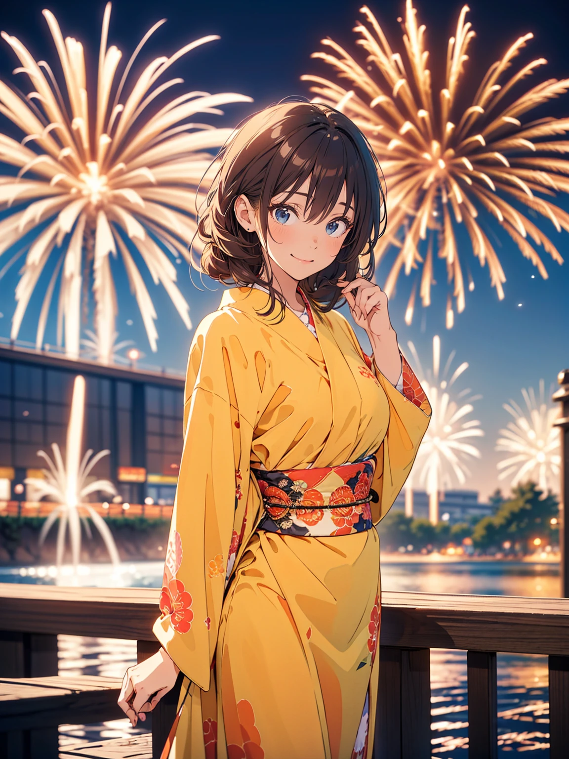 "(((Beautiful woman))), I, Masseter muscle area, Highest quality, Elegant anime style, Outdoor bathrobes, Spectacular Pyrotechnics, Starmine with lots of fireworks, Shots from a distance, Backward view, Night view, A shy smile, Bokeh effect and depth of field, High Key Light"
