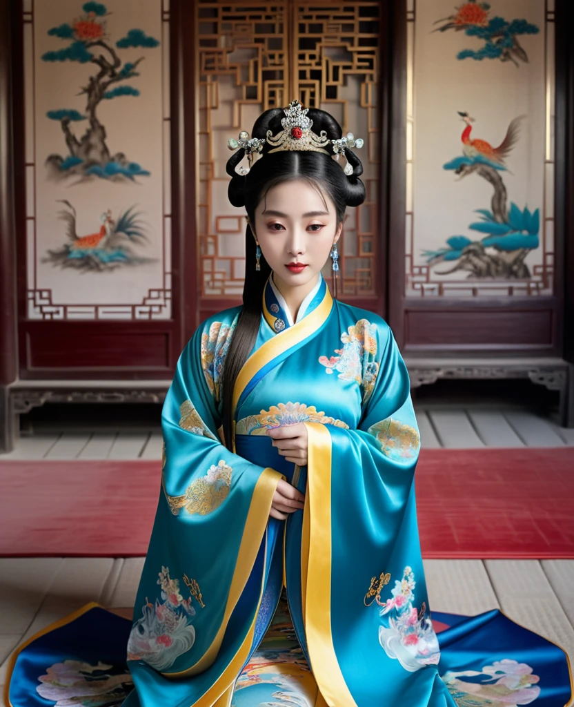 Cobblestones outside a Chinese palace during the Qing Dynasty、Text M（Porn Pose） Tie your hair on both sides、Beautiful Chinese empress wearing a crown、Background of kinky and erotic woman tying her hair、The story is set in the opulent rooms of the empress&#39;s palace in China during the Qing Dynasty.。.。