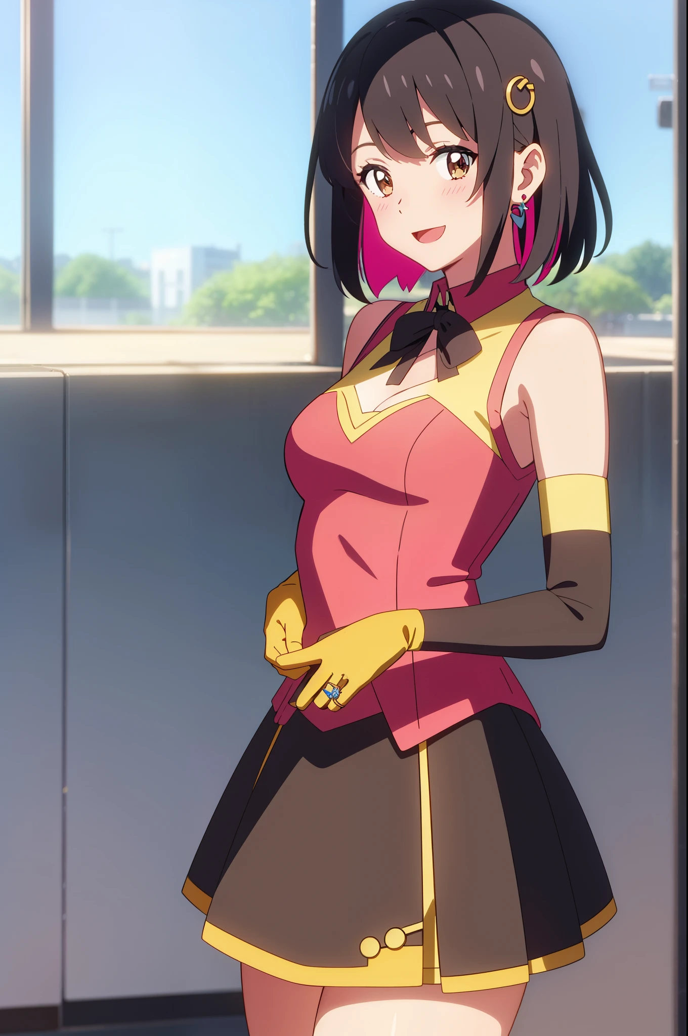 shinkai makoto, kimi no na wa., 1girl, bangs, black hair, blush, brown eyes, perfect face, looking at the viewer, cute outfits, detached collar, red ribbon, short hair, solo, shinny skin, smile, cute, open mouth, :D, (masterpiece), best quality, honestly, hair ornaments, ring, jewellery, ear rings, white gloves, elbow gloves, multicolored skirt, standing, smile, cowboy shot