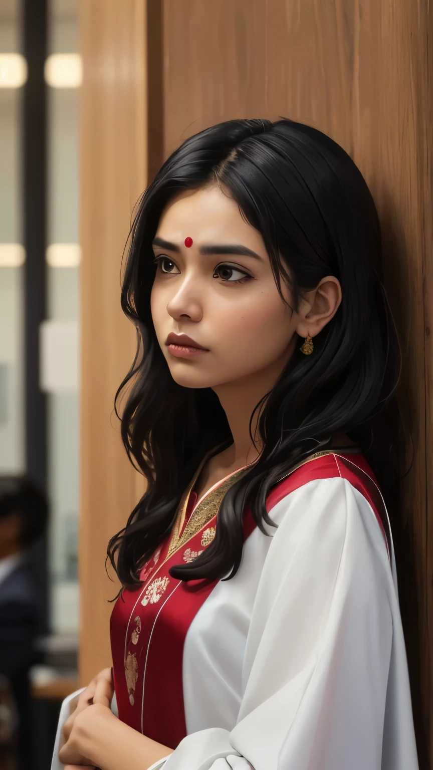 ((best quality)), ((masterpiece)), (detailed), A close-up digital illustration of a long black haired young woman in traditional Indian dress standing alone in a corner at an office event while others celebrate in the background. She looks sad and lost in thought.