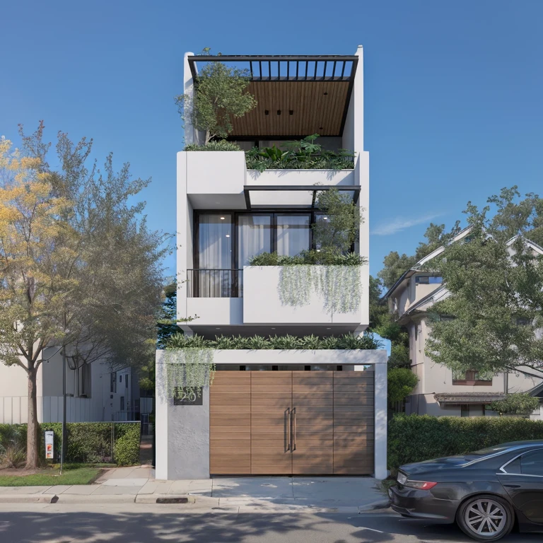 A road, low-rise houses lining both sides, trees in the background, two trees in front of the houses, a sidewalk, a car parked in front of a gate, warm yellow sunlight, (best quality,8k ,highres,masterpiece:1.2),ultra-detailed,(realistic,photorealistic,photo-realistic:1.37),landscape,natural lighting,golden hour,detailed architecture,detailed textures,vibrant colors,lush foliage,depth of school