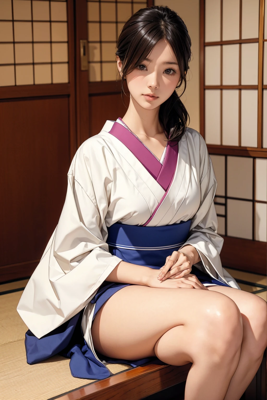 Innkeeper、young woman、kimono、Background Hot Spring Inn、The kimono is open、Tie up hair、日本のkimono、(A glimpse of my legs)、(best quality,4K,8k,highres,masterpiece:1.2),ultra-detailed,(realistic,photorealistic,photo-realistic:1.37),HDR,uhd,studio lighting,ultra-fine painting,sharp focus,physically-based rendering,extreme detail description,professional,vivid colors,bokeh,cinematic lighting,dramatic shadow,