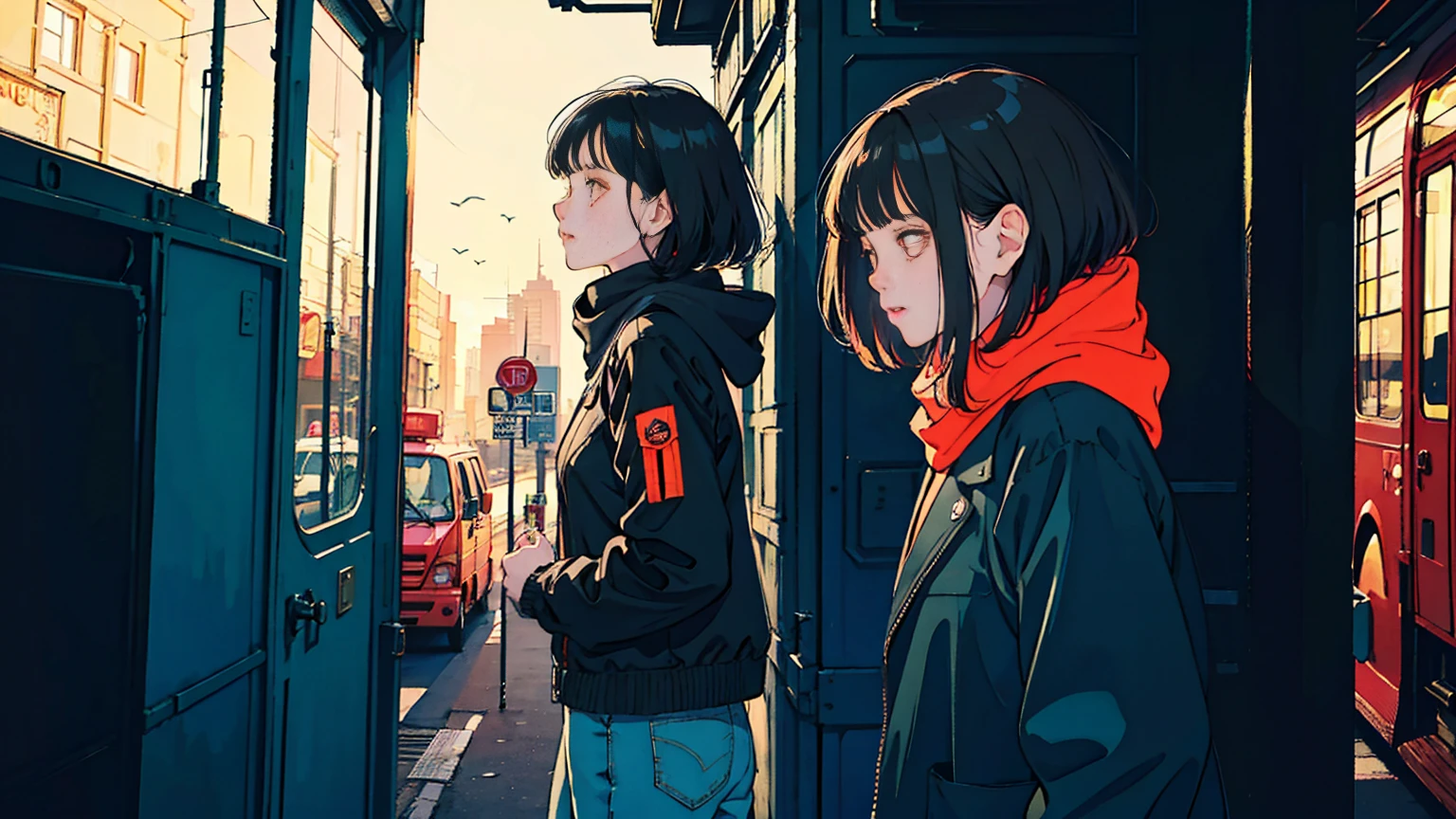 scooter,Only Female、 Stunningly beautiful dark-haired Asian girl, Denim pants、Black jacket、scarf、A red bus passing nearby, Perfect Face, Black jacket, Neon Black, (Backlit: 1.1), Three-dimensional shadows, masterpiece, Highest quality, complicated, Model shooting style, Vintage, Film Grain, Incomplete details、Natural Body、profile、Photo taken from a distance
