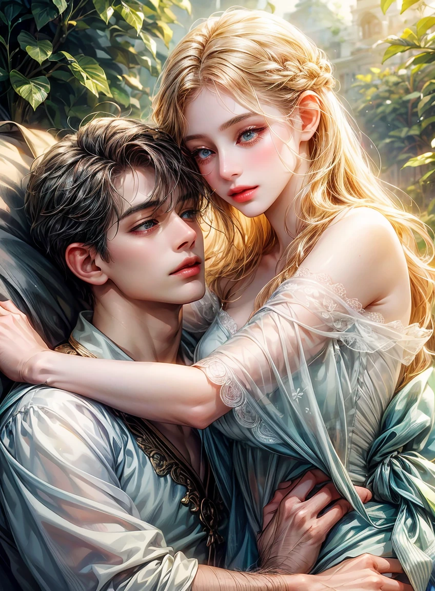 a couple, 1 boy and 1 girl, beautiful detailed eyes, beautiful detailed lips, extremely detailed eyes and face, long eyelashes, intimate romantic poses, embracing, looking at each other, serene expressions, natural lighting, muted color palette, soft focus, dreamy atmosphere, photorealistic, 8k, high quality, elegant, ethereal, whimsical, fantasy