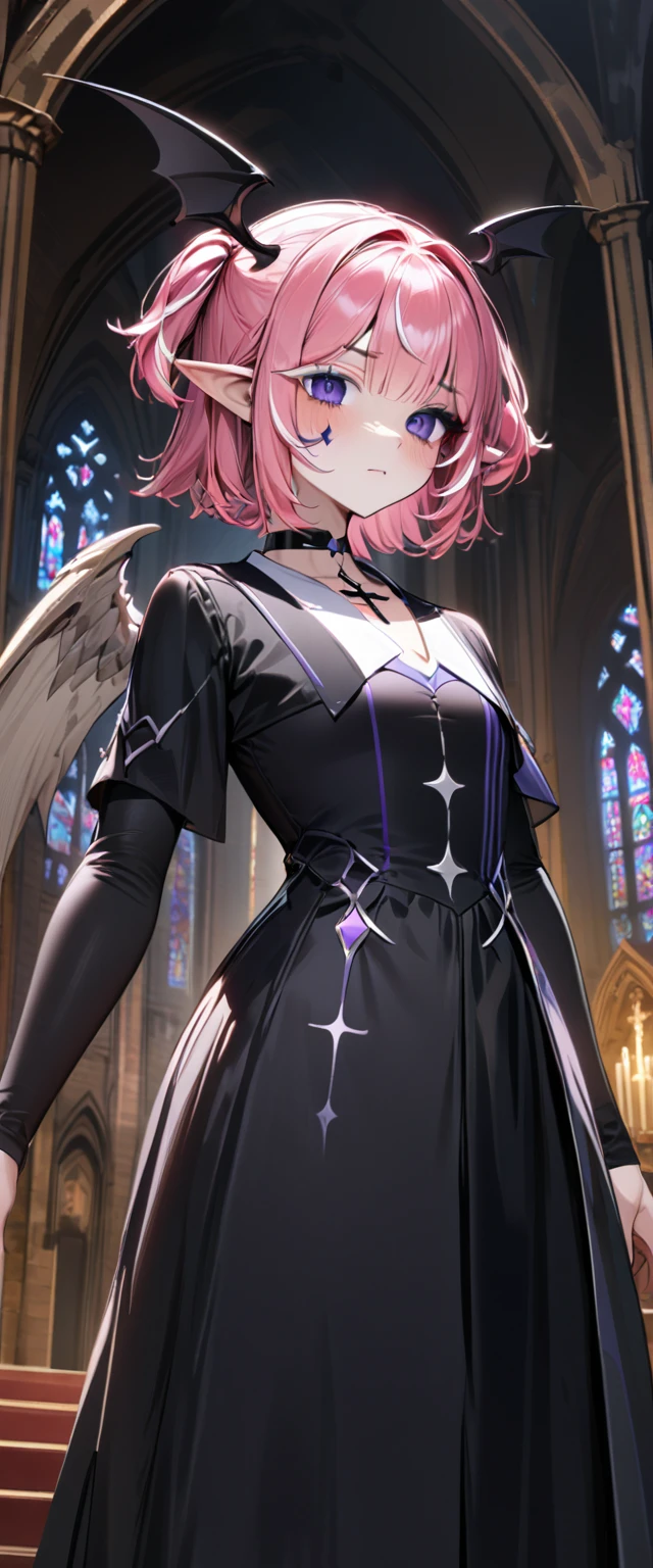 UHD, masterpiece, best quality, extremely detailed, anatomically correct, sharp focus, Midnight, Church , altar isle, 1girl, solo, camilavtuber, pink hair, short hair, shoulder length hair, ((black head wings)), (twin ponytail), purple eyes, facial mark, slim arms, small chest, 1wing on the back, choker with crucifix design, ((long black gown)), black thighhighs, black high heels, full body shot, close up, innocent pose, Eye-Level Shot, front view, innocent pose