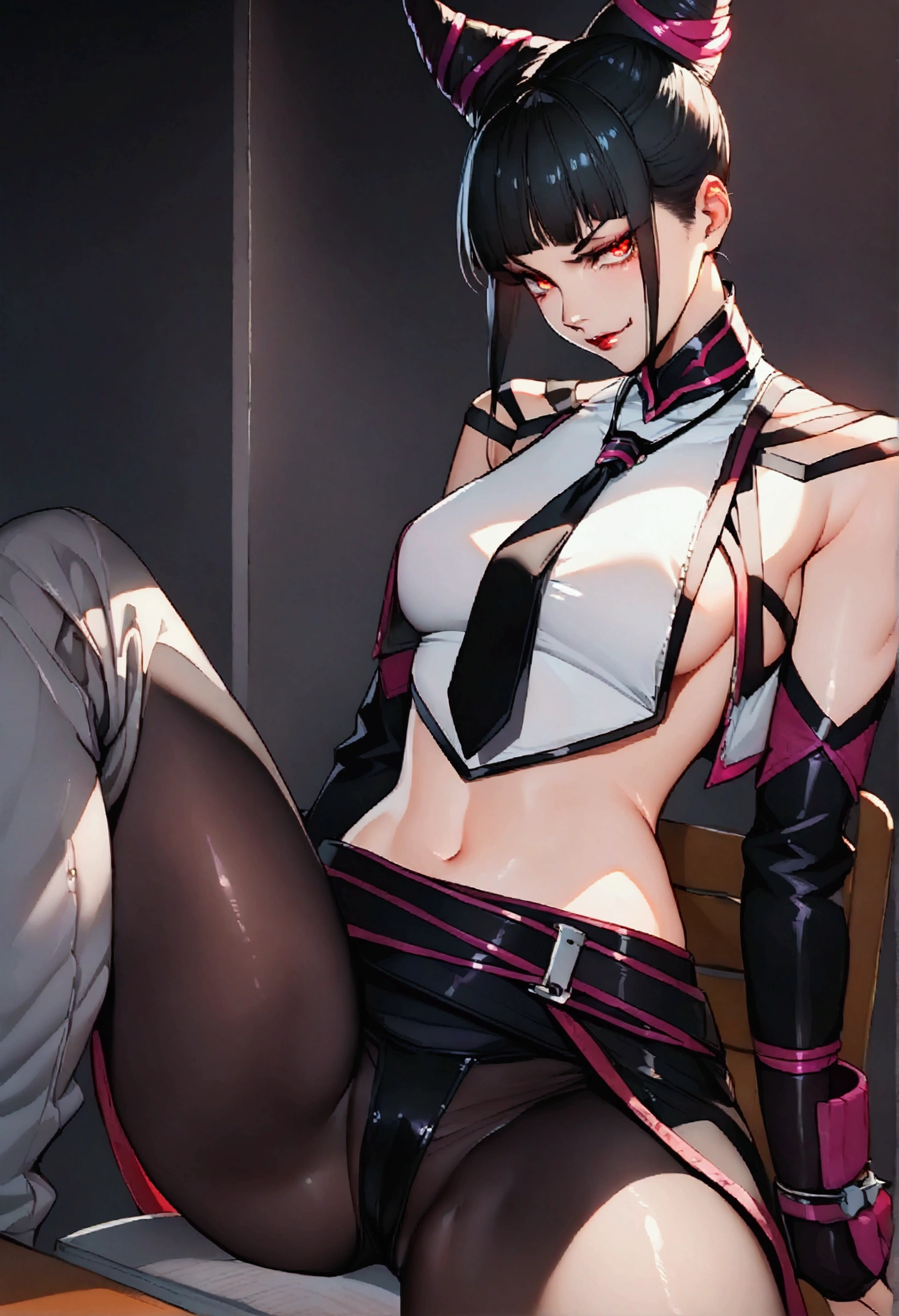 Juri Han, Artwork, fitted white secretary shirt with black tie, mini skirt short, skirt short,black tights, Bblack hair, blackstockings,Evil smile,desk,bangs on the eyes,Lighting,horn of hair,red eyes glowing,neckleace,labiaa,sultry posing,sitting on a chair,legs spread open