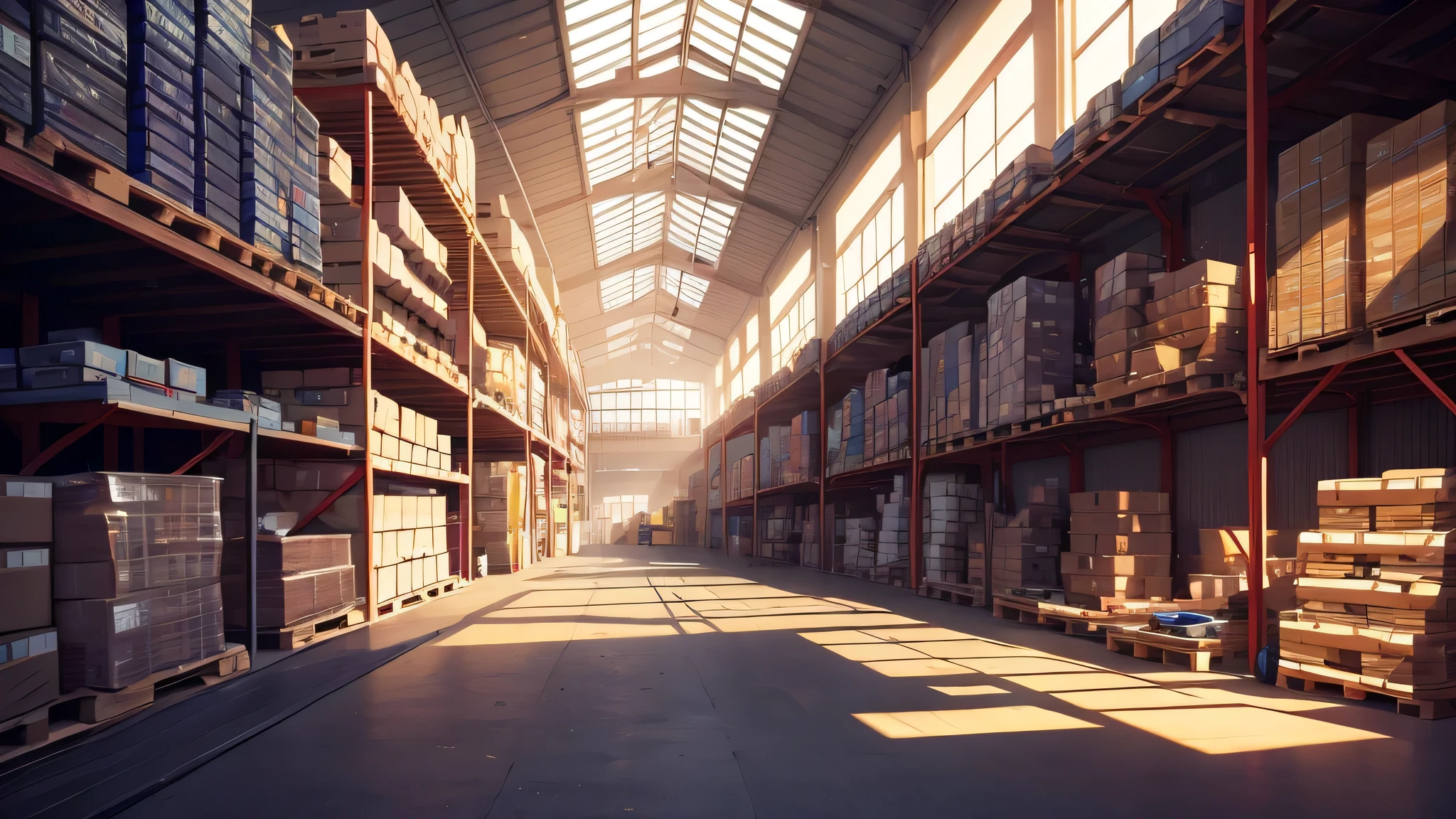  warehouse with loads of stock and wooden pallets in the uk with transport vehicles. The setting has a sunny and a bright atmosphere, with soft lighting casting a gentle glow on the surroundings. anime style