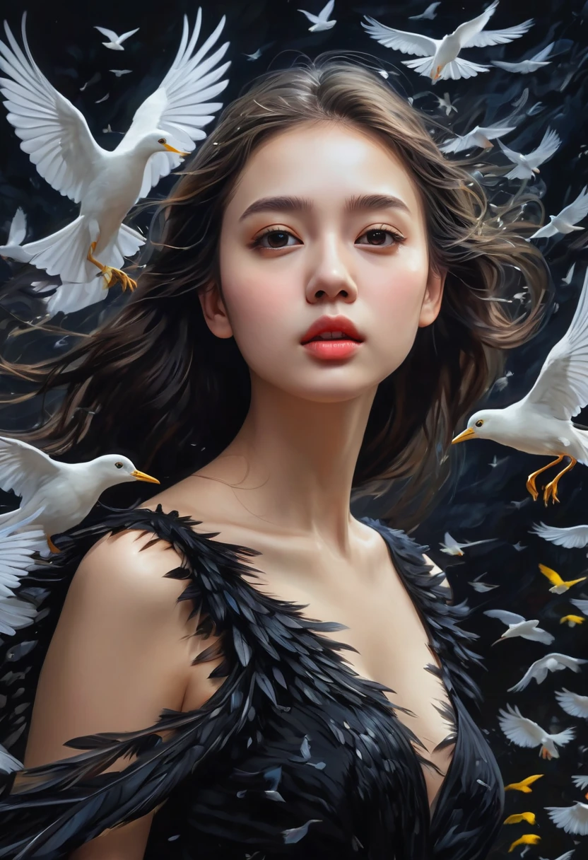 Rough surface, oil on canvas style, delicate face, upper body, a girl, a girl in a black dress, big bird wings, fluttering, surrounded by birds, extreme flow, night, super detailed, intricate, 32k uhd megapixels
best quality --iw 0.5 --q 2 - -s 750 - -two 2 5