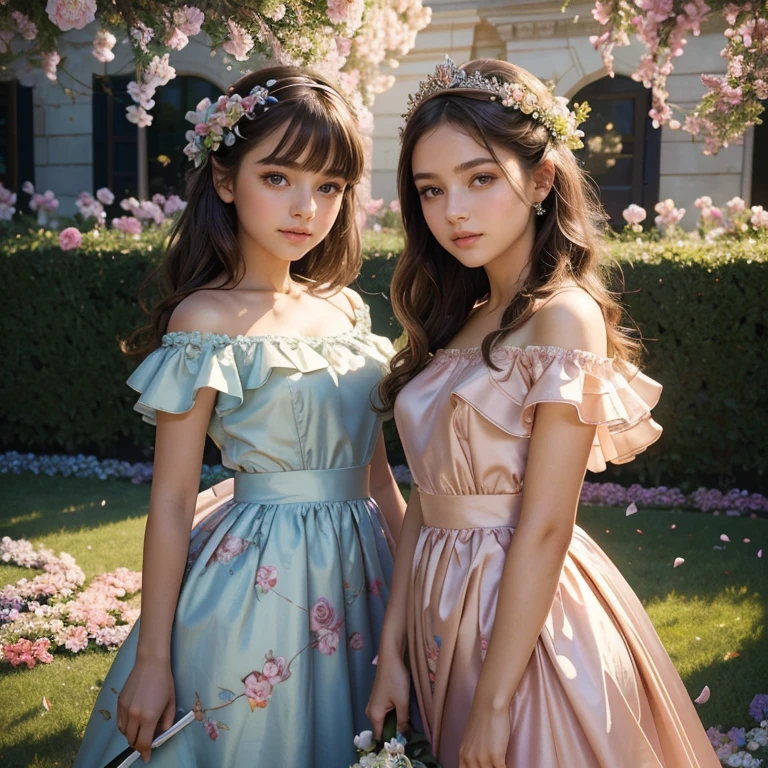 (masterpiece, best quality:1.5), highest quality, High resolution, super detailed, Realists, Upper body photo of a brunette young flower girl, detailed and beautiful eyes, beautiful detailed lips, very detailed eyes and face, longeyelashes, Young girl in short flower girl dress made of shiny satin fabric, Beautiful and colorful makeup, elegant and noble々Pose,shiny satin headband, grind, Holding flowers, Gardens as background, soft daylight, bright colors, fine brushstrokes, Portrait style, Noble details in the dress fabric, beautiful color palette, glowing skin, First-class rendering, that captures every detail, enchanting atmosphere, subtle shadows and lights, (perfect anatomy:1.2), (The two stunning flower girls scatter rose petals. (magnificent panorama view:1.2)