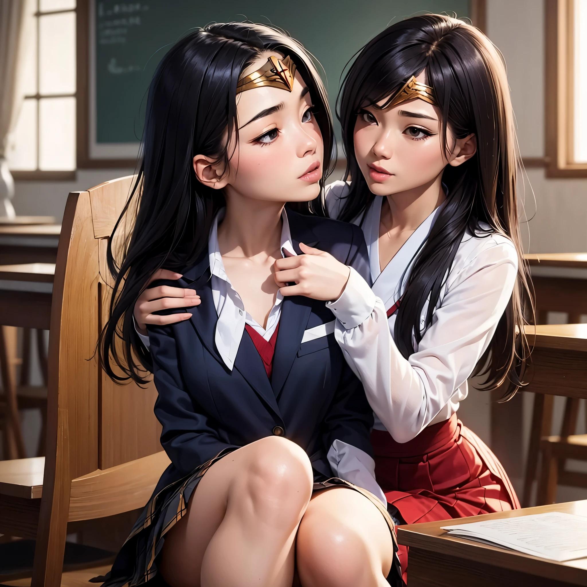 Wonder Woman, kissing a Japanese girl, Japanese girl in school uniform