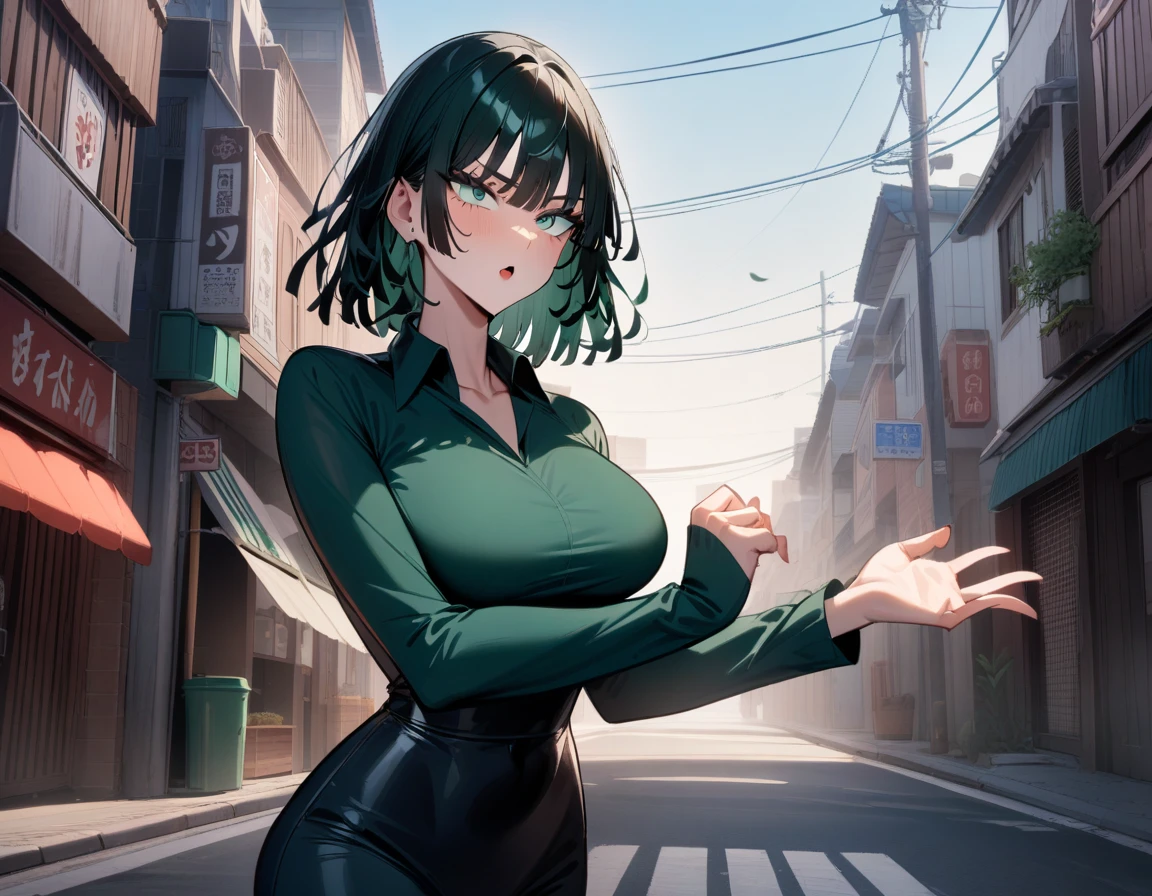 Anime art style, Fubuki from one punch man, green hair, white skin, wearing V-neck dress, standing on destroyed city, cinematic lights, blushing cheeks, smilling, looking back at viewers, big breast, big booty, NSFW, back view, beautiful scenery.