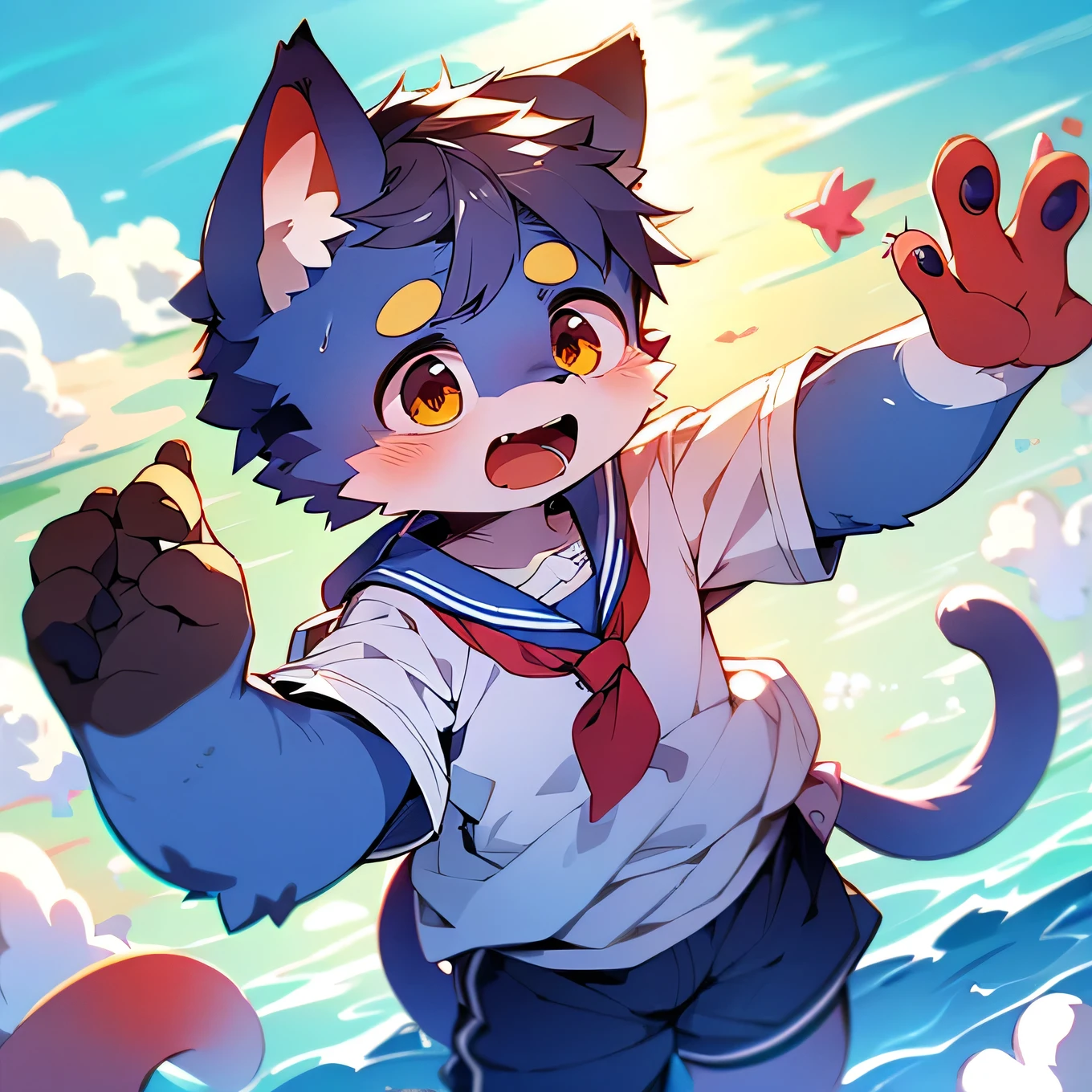 furのような,super high quality,Very detailed,High resolution,Purple Cat,male,Ocean,Sailor suit,School,(Cheerful r - 13 yearixiv Contest Winners, Perfect Anatomy,blue sky,Red ear,fur,thin tail,Long ears,Squid ears,Dirty Face,Ahegao eyes,alone