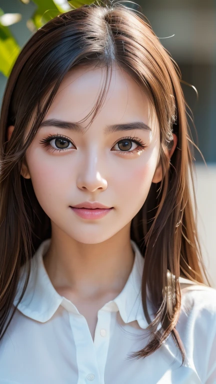 masterpiece, Highest quality, 8k, Absurd, (Upper Body:1.4), White shirt, beautiful girl, Pretty face, View your viewers, smile, Ultra-realistic, High resolution, photograph, Film Grain, chromatic aberration, Sharp focus, High resolution, Face Light, Dynamic Lighting, Cinema Lighting, Professional Shadow, Simple Background, Most detailed, Very detailed, Super detailed, In detail, Real Skin, Delicate facial features, Detailed face and eyes, Sharp pupils, Realistic students, (Japanese)