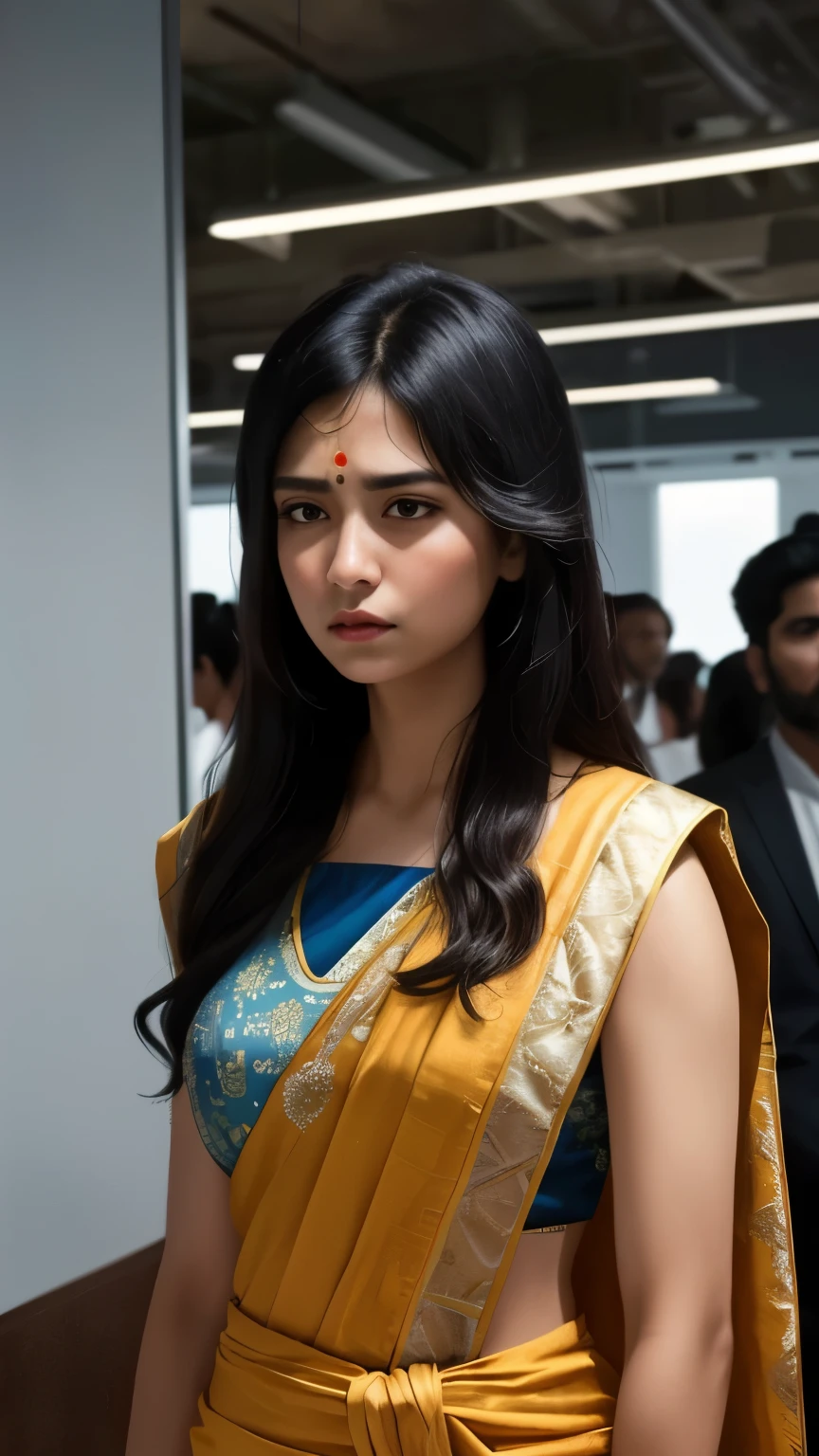 ((best quality)), ((masterpiece)), (detailed), A close-up digital illustration of a long black haired young woman in traditional Indian dress standing alone in a corner at an office event while others celebrate in the background. She looks sad and lost in thought.